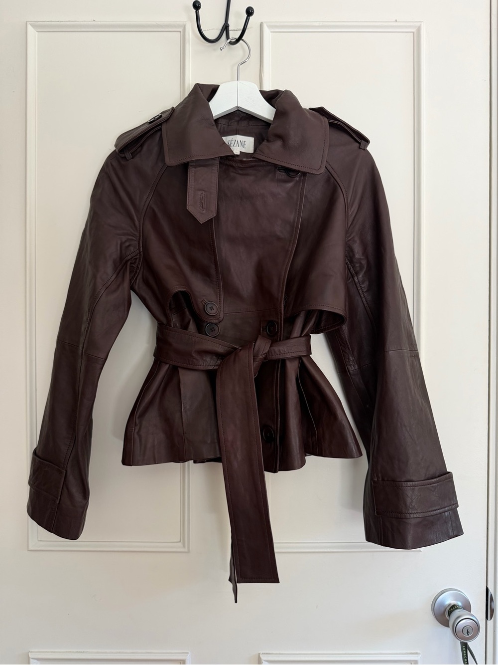 Sezane Leather Belted Trench Jacket in Brown size 36 (small)